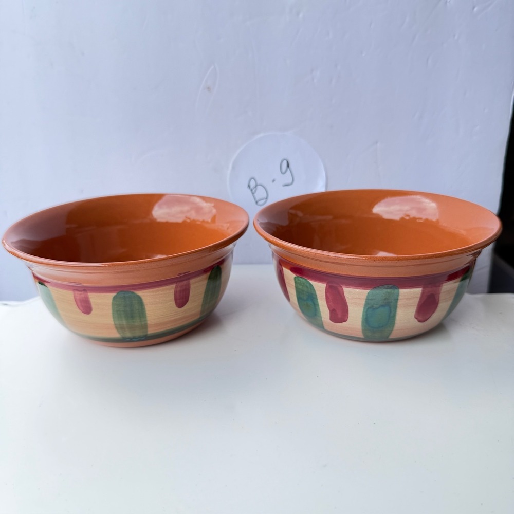 Set of‎ 2 Hand-Painted Terracotta Bowls Striped Pattern Kitchenware B-9